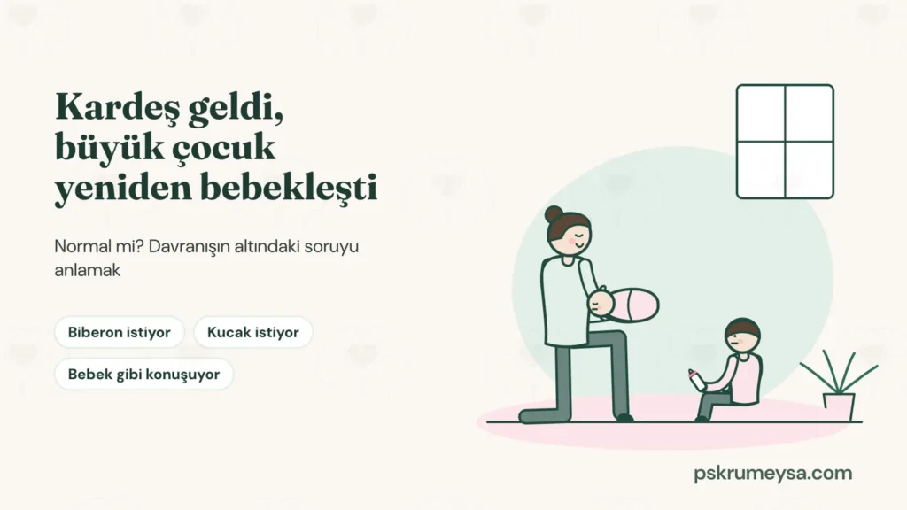Kardeş geldi, büyük çocuk yeniden bebekleşti başlıklı kapak. Solda Biberon istiyor, Kucak istiyor, Bebek gibi konuşuyor etiketleri; sağda diz çökmüş, gözleri kapalı, bebeğini kucağında tutan bir anne ve yerde oturmuş, eline bir biberon almış, anneye bakan büyük çocuk.