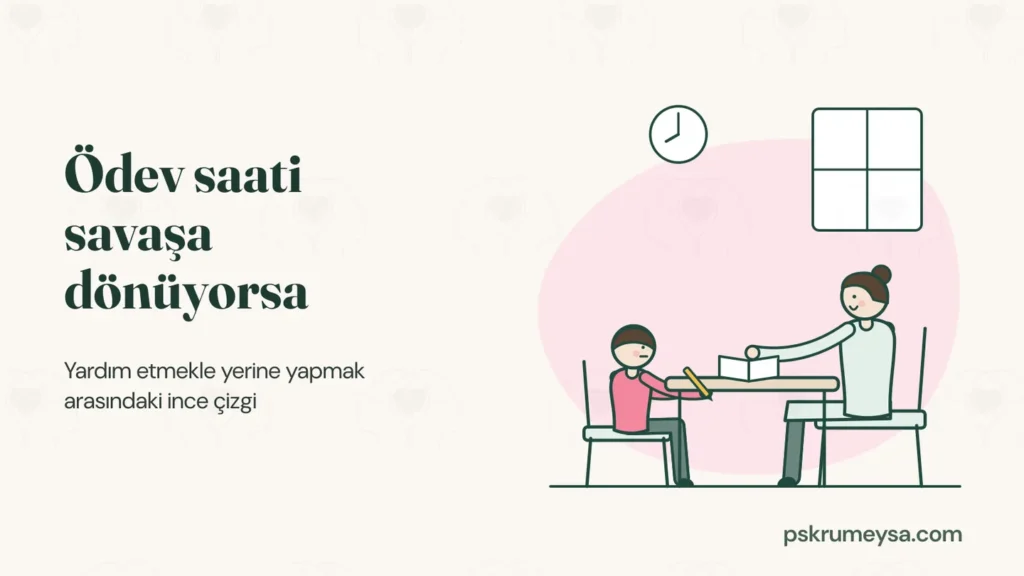 Ödev saati savaşa dönüyorsa başlığı. Yanında mutfak masasında oturan bir çocuk defterine yazıyor, karşısındaki anne sakin bir gülümsemeyle kitabı gösteriyor; duvarda saat ve pencere var.