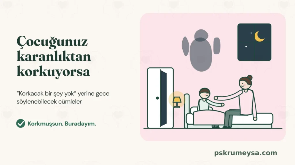 Gece bir çocuk odası: Çocuk yatağında doğrulmuş, duvarda büyük bir gölge var; anne yatağın kenarına oturmuş, elini çocuğa uzatıyor. Yanda başlık: Çocuğunuz karanlıktan korkuyorsa.