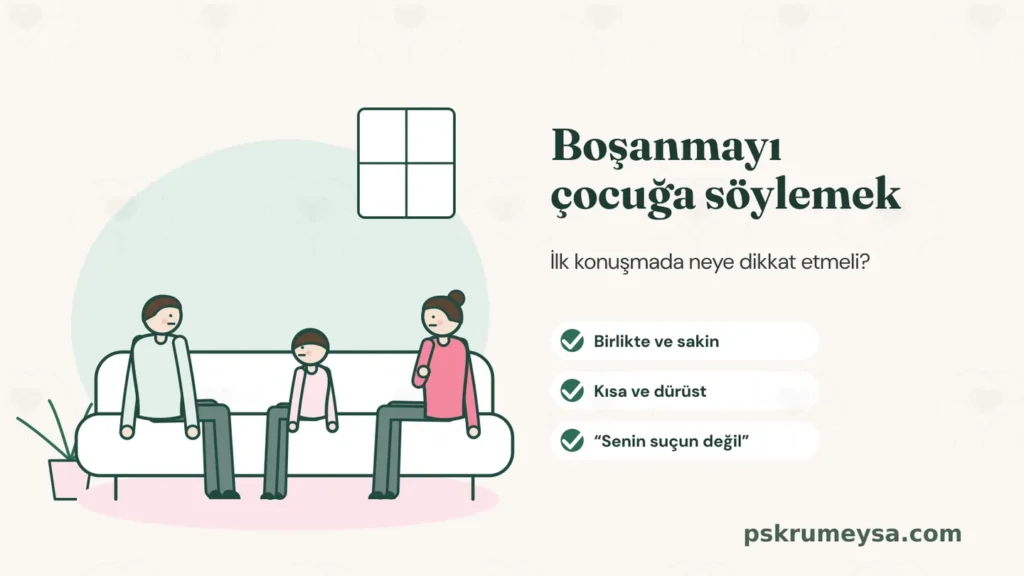 Kanepede oturan bir baba, bir çocuk ve bir anne; yanında Boşanmayı çocuğa söylemek başlığı ve Birlikte ve sakin, Kısa ve dürüst, Senin suçun değil notları.