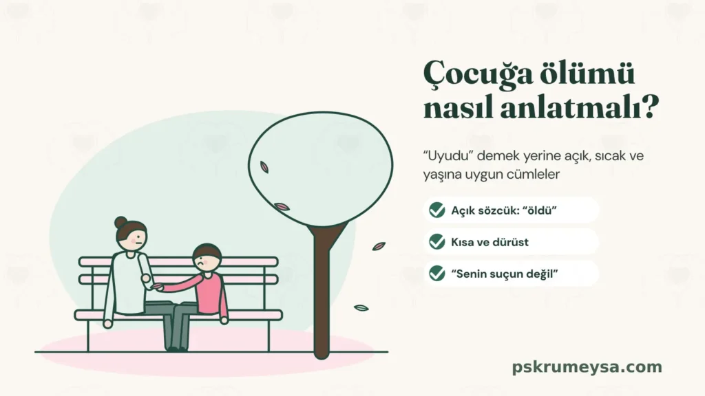 Parkta bir bankta oturan anne ve elinde bir yaprak tutan üzgün çocuk; yanlarında yaprakları dökülen bir ağaç. Yanında “Çocuğa ölümü nasıl anlatmalı?” başlığı ve üç not: açık sözcük “öldü”, kısa ve dürüst, “Senin suçun değil”.