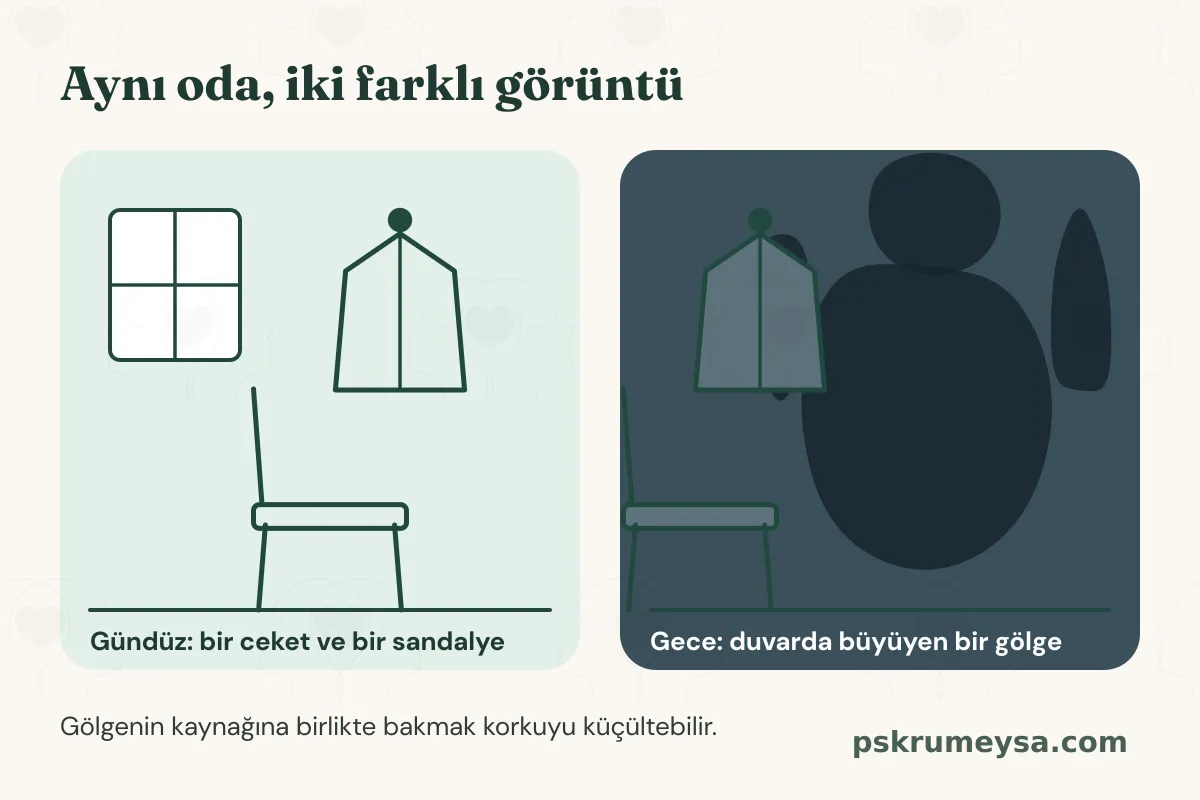 Gündüz ve gece aynı oda: Gündüz sıradan duran sandalye ve askıdaki ceket, gece ışık sönünce duvara düşen gölgeleriyle çocuğa korkutucu görünebilir.