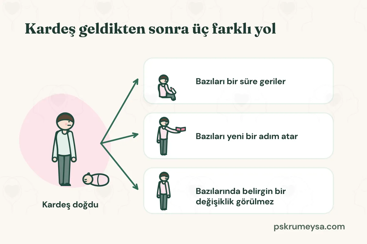 Kardeş geldikten sonra üç farklı yol başlıklı infografik. Yanında kundaklı bir bebek olan, Kardeş doğdu etiketli çocuk figüründen üç ok ayrılıyor: yere oturmuş, biberonlu üzgün bir çocukla bazıları bir süre geriler; elinde kitapla gülümseyen bir çocukla bazıları yeni bir adım atar; sakin duran bir çocukla bazılarında belirgin bir değişiklik görülmez.