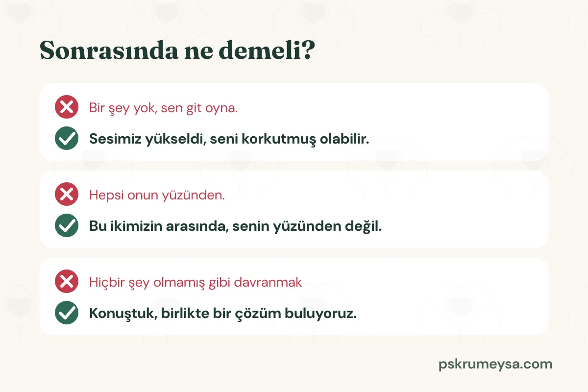 Sonrasında ne demeli başlıklı üç satır: kırmızı çarpıyla işaretli kaçınılacak cümleler ve yeşil onayla işaretli yerine söylenebilecek cümleler.
