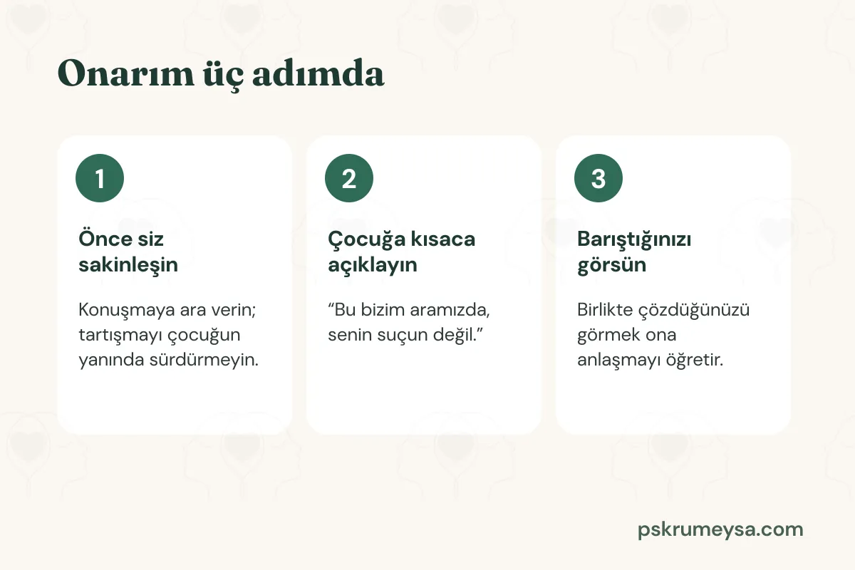 Onarım üç adımda: önce sakinleşin, çocuğa kısaca açıklayın, barıştığınızı görsün.